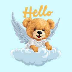 Angel Teddy Bear on Cloud with Halo and Wings.