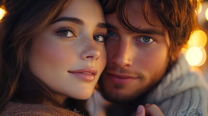 Obraz premium Young romantic couple sharing an intimate moment in warm lighting