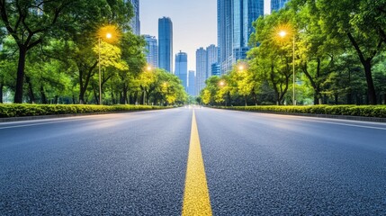 Obraz premium Urban Roadway with Lush Greenery and Skyscrapers