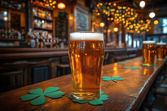 St. Patrick's day celebration in traditional irish pub with festive atmosphere and pint of beer
