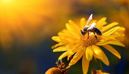Honey bee and beautiful yellow flower, spring summer season, Wild nature landscape, banner, beauty in Nature. Honey bee on yellow flower collect pollen. 