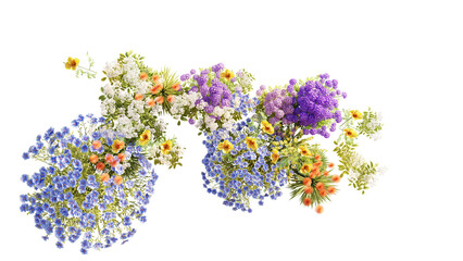 Top view group of Evergreen colorful flowers and grass field in nature with isolated on transparent background