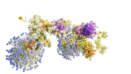 Top view group of Evergreen colorful flowers and grass field in nature with isolated on transparent background