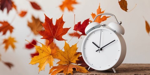 An alarm clock surrounded by colorful autumn leaves showcasing the arrival of fall.