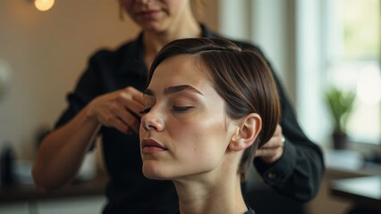 Fototapeta premium Caucasian female young adult getting haircut in salon with closed eyes