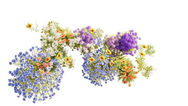 Top view group of Evergreen colorful flowers and grass field in nature with isolated on transparent background