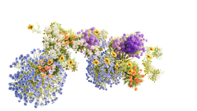 Top view group of Evergreen colorful flowers and grass field in nature with isolated on transparent background