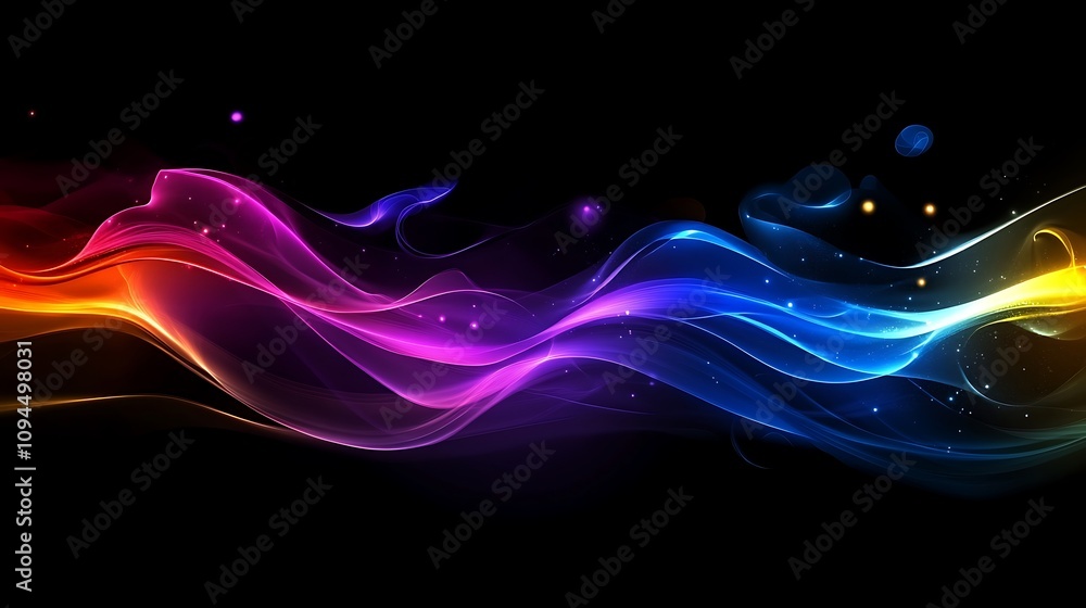 Poster a vibrant wave of colorful light against a black background, creating a dynamic visual effect.