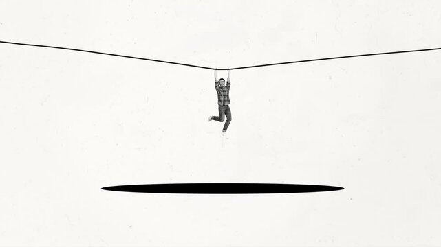 Creative sketch motion art collage video of happy guy rope walker hang ribbon fall hole crisis risk development 