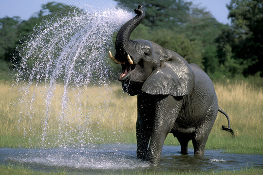 A happy African elephant enjoys splashing in a water.