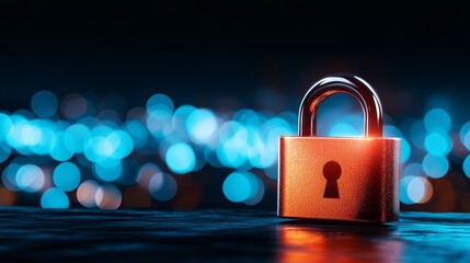Padlock on table with city background, symbolizing urban security and data protection in modern society