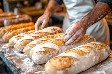 Artisanal baker handcrafting fresh baguettes in rustic bakery setting