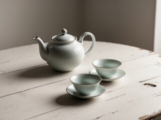 A teapot and two cups sitting on a wooden table.