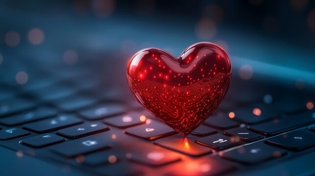 Heart on laptop keyboard, a symbol of online affection, connection and valentine day romance
