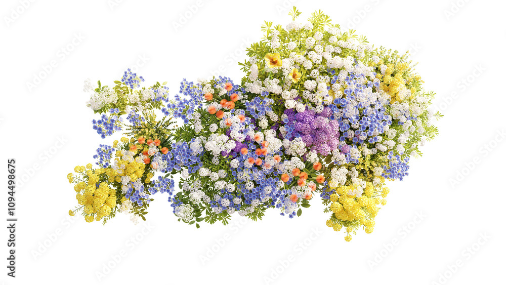 Wall mural top view group of evergreen colorful flowers and grass field in nature with isolated on transparent 