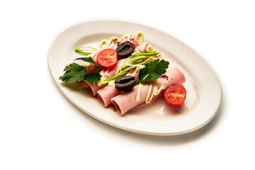 A plate of food with a white background