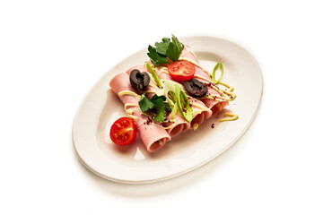 A plate of food with a white background