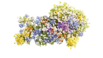 Top view group of Evergreen colorful flowers and grass field in nature with isolated on transparent background