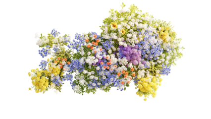 Top view group of Evergreen colorful flowers and grass field in nature with isolated on transparent background
