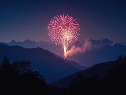 Fireworks exploding over mountain range at night