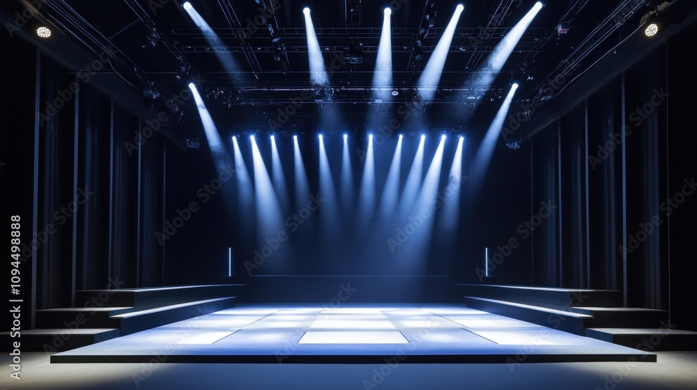 Poster a modern stage setup with bright lights and a patterned floor, ready for performance.