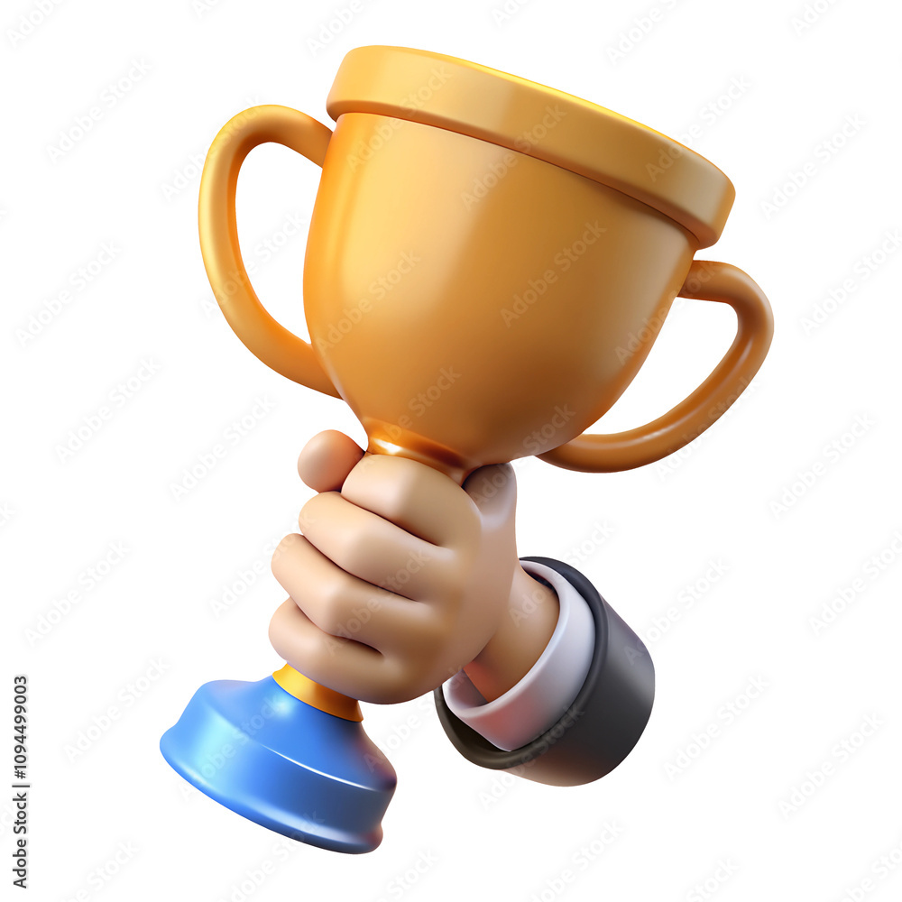 Wall mural hand holding gold champion trophy cup 3d render icon in cartoon plastic style minimal isolated on transparent white background, clipping path