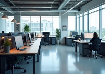 Modern office workspace with large windows and sleek desks filled with computers
