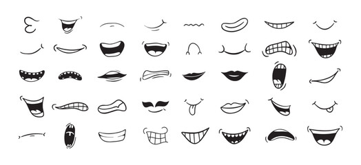 Cartoon mouth happy, smile, sad, angry expression doodle set. Hand drawn mouth, tongue caricature icon. Funny comic mouth collection 