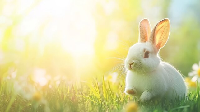 Adorable white rabbit relaxing in lush green grass, serene nature portrait