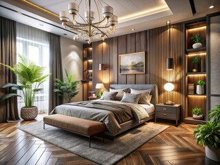 Fototapeta premium Elegant Bedroom Design with Wooden Accents, Cozy Atmosphere, Modern Decor, Warm Lighting, Minimalist Style, Luxurious Bedding, Natural Elements, Inspirational Interiors, Stylish Furniture