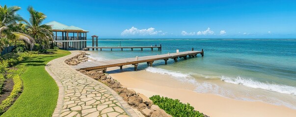 Fototapeta premium A serene beach scene with a wooden pier, clear water, and lush greenery.