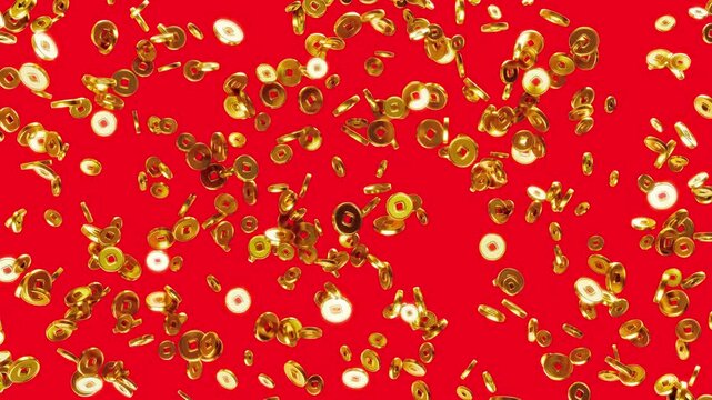 3d animation golden chinese lucky coins falling on red background. Festive traditional asian new year motion design.