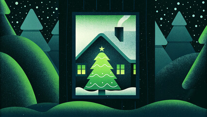 Festive Christmas Trees in a Winter Night Scene