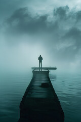 A Moment of Regret: Solitary Figure on a Misty Pier Reflecting on Lost Opportunities