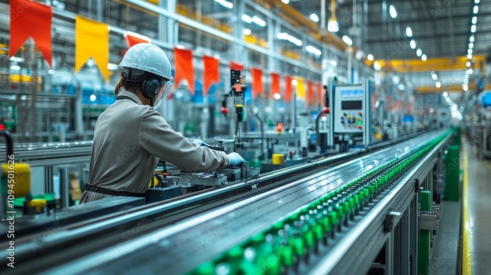 Poster a worker operating a bottling line in a factory setting