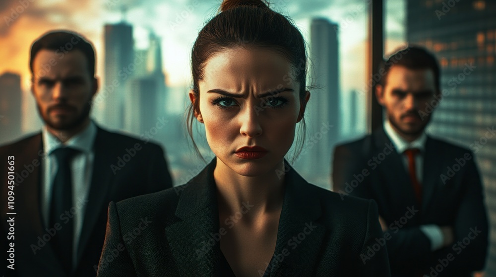 Poster a woman in a suit is standing in front of two men in suits. she looks angry and is staring at the ca