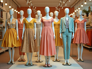 Boutique shopping clothes mannequin store in retro pastel colors nostalgic vintage theme - obrazy, fototapety, plakaty