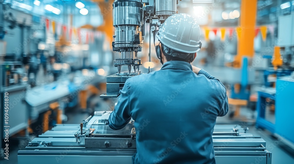 Poster a worker operating machinery in a factory setting