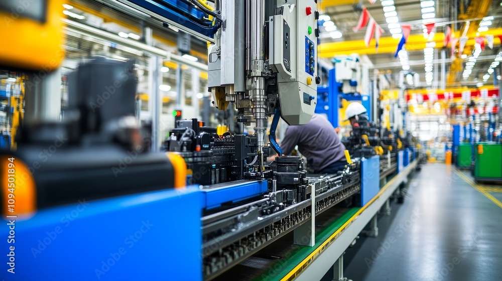 Poster factory worker assembling a car part on an automated assembly line