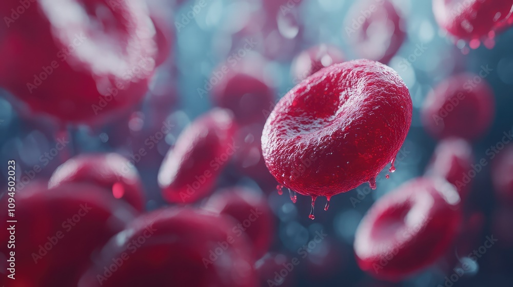 Poster a close-up view of red blood cells floating in a vivid blue background, showcasing their unique shap