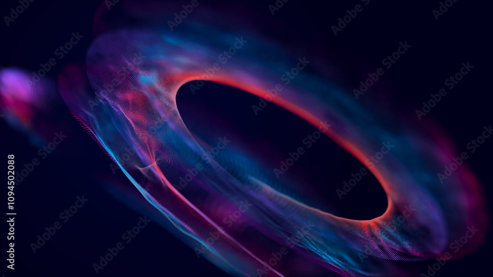 Poster Collection of bright dots on a dark background. Abstract sound wave of particles. Data network. 3D rendering.