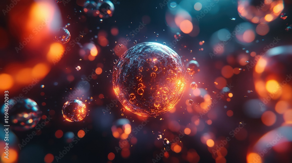 Poster abstract digital representation of glowing bubbles and spheres, creating a mesmerizing and vibrant a