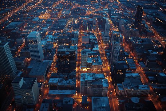 Aerial View of Detroit Downtown at Twilight with Landmarks and Businesses