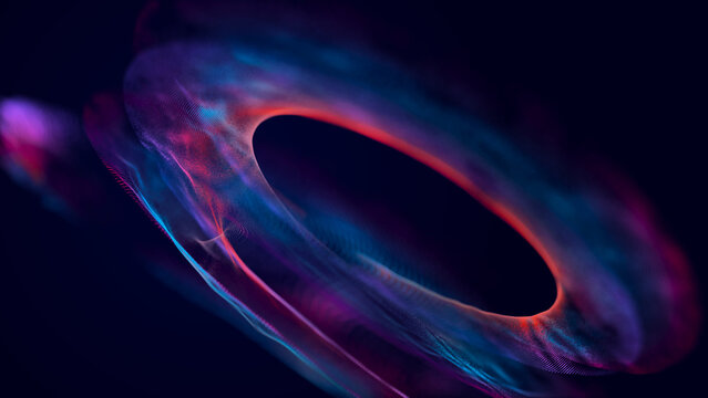 Collection of bright dots on a dark background. Abstract sound wave of particles. Data network. 3D rendering.