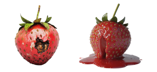 Comparison of a fresh strawberry next to a rotten one and a strawberry covered in thick syrup isolated on transparent background.