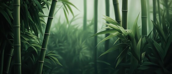 Dense bamboo forest with tall green stalks and lush vibrant leaves
