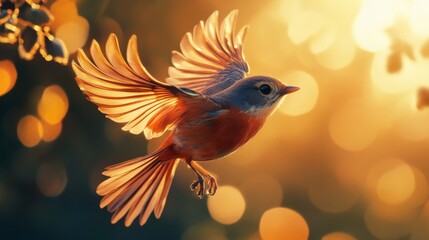 Obraz premium A close-up of a bird in flight, with vibrant feathers illuminated by the golden sunset light.