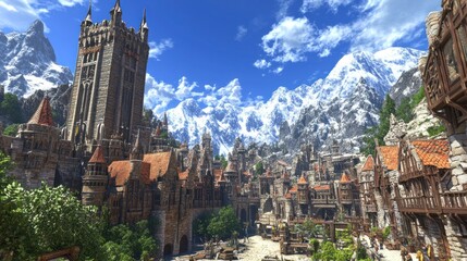 A majestic medieval town nestled in a mountainous landscape under a bright blue sky.