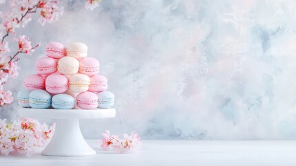 A pastel macaron tower arranged on a cake stand with a dotted party hat, set against a playful teal background with floating balloons.