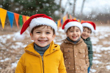 Two smiling kids in Santa hats enjoying snowy day together